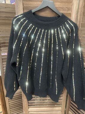 Black Sequin Stripe Crewneck Sweater - Women